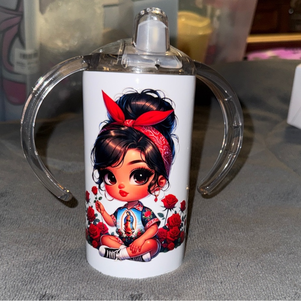 White Kids Sippy Cup with Red Bandana Girl Design